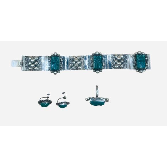 Vintage Jewelry Set Sterling Silver and Green Onyx Bracelet, Ring, and Earrings - Picture 2 of 4